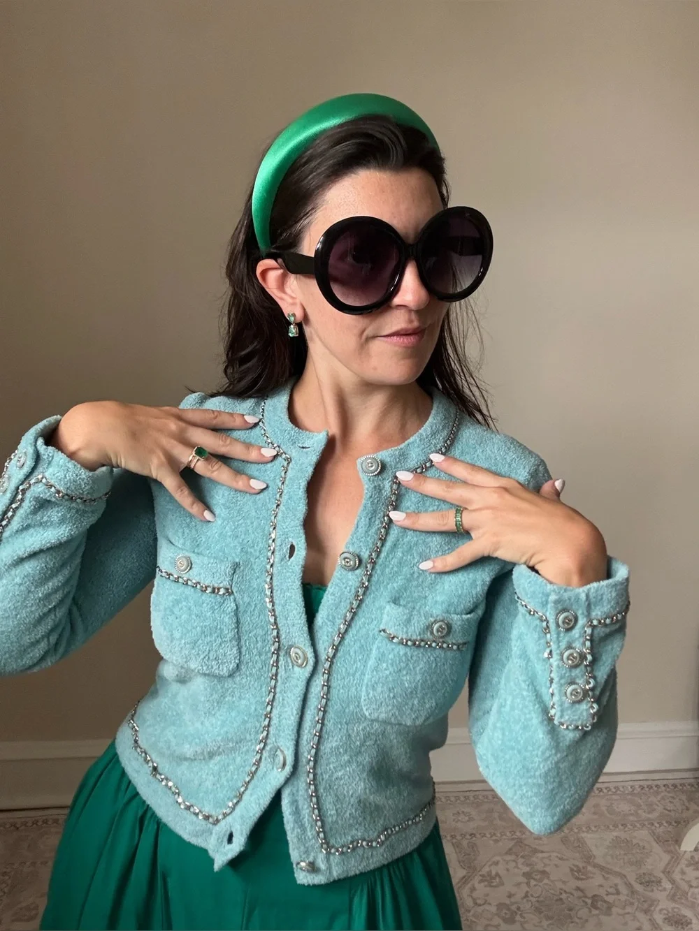 Chanel 2020 cruise resort terry cloth aqua jacket with chain detail size 34